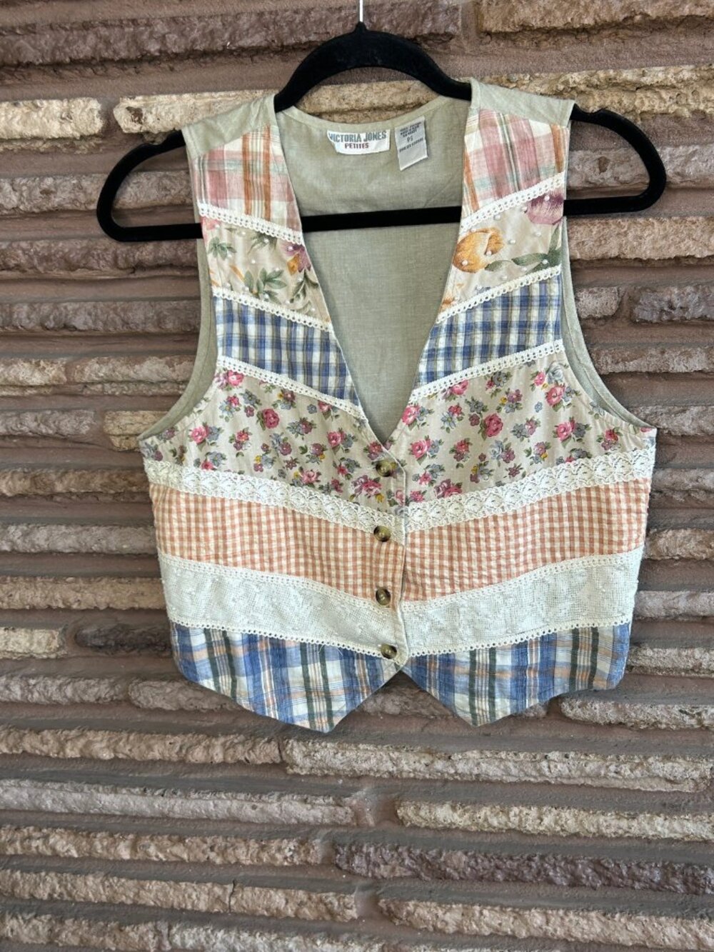 Vintage 90s Vest Patchwork Floral Plaid Check 100% Cotton Victoria Jones - Picture 9 of 10